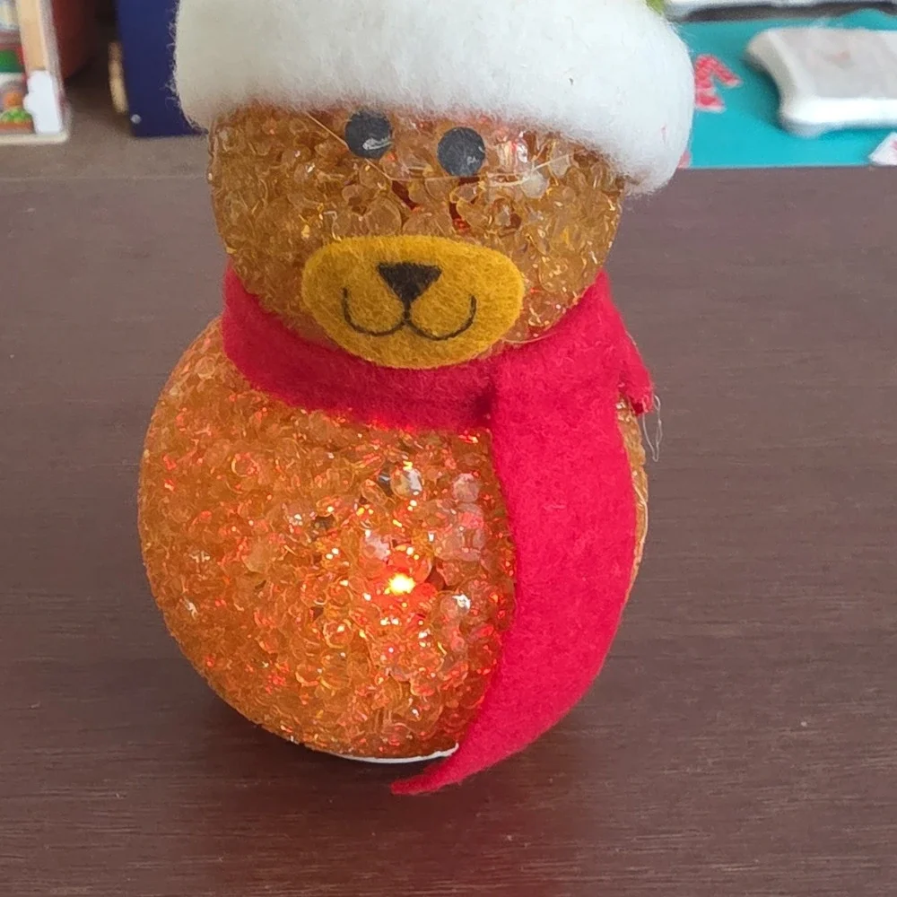 Lighted Bear Christmas Ornament with Red Scarf and Santa Hat, Brown Plastic Felt